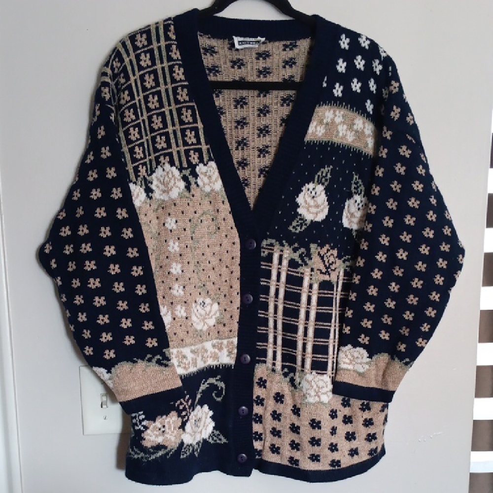 Blue and Tan Classic Knit Cardigan Sweater. #117